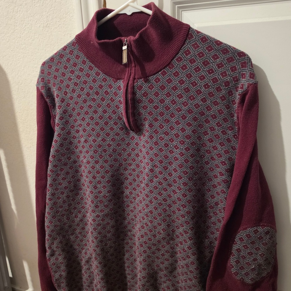 Tasso Elba Mens Burgundy Quarter Zip Diamond Pattern Cotton Sweater Large Elbow